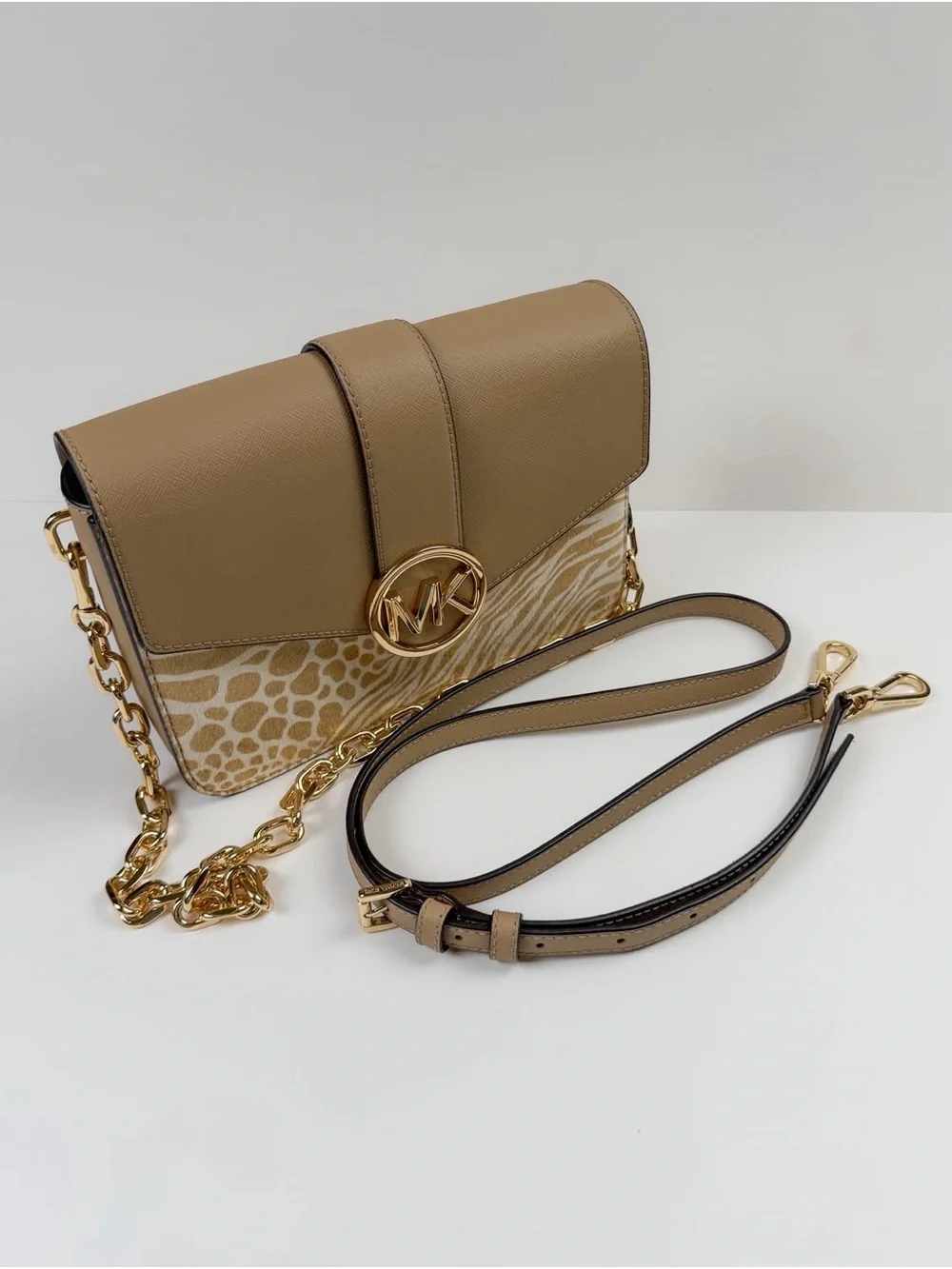 Michael Kors Tan Animal Print Leather Crossbody Shoulder Bag Gold Chain